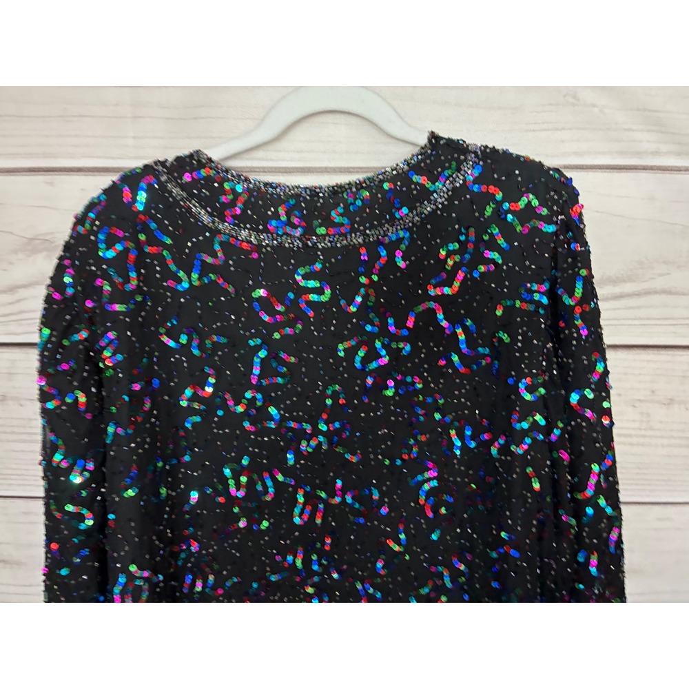 Vintage Silk Beaded Sequin Jacket Rainbow Multi Color Open Front Evening Top 1X - Picture 6 of 10